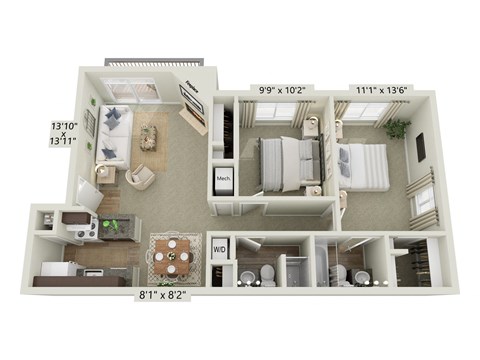Floor plan for 2 beds, 2 baths, 850 sqft